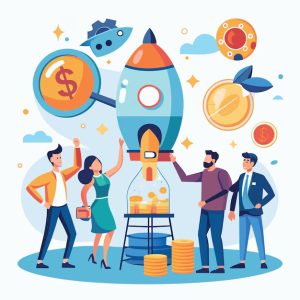 Team of business people launching a rocket with coins inside, symbolizing startup growth and financial investment.