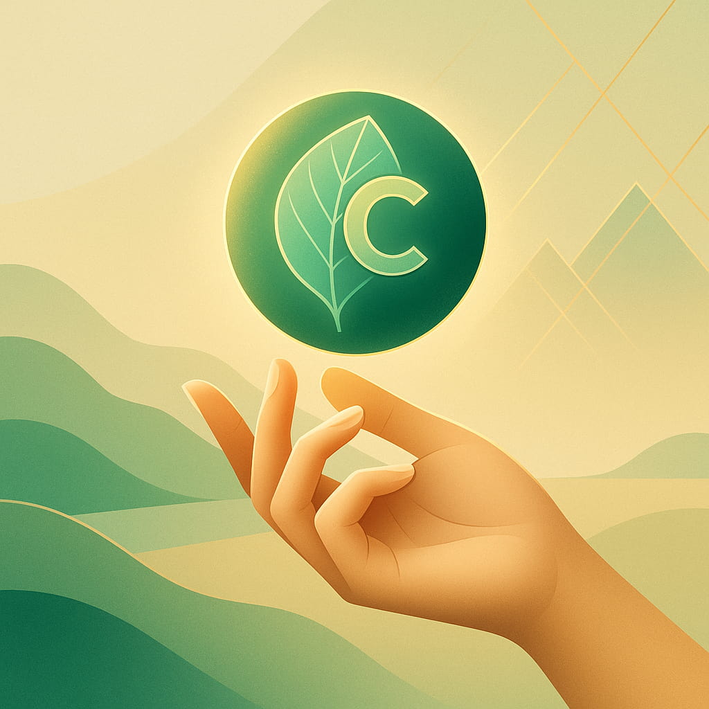 Minimalist digital illustration showing a hand holding a glowing green sphere with a leaf symbol, representing carbon credits in Australia’s sustainable finance market.