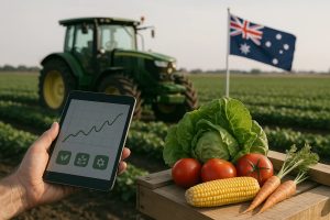 A detailed photograph of a modern farmland scene showing a green tractor out of focus in the background and the Australian flag waving on the right side. In the foreground, a person holds a tablet displaying an upward-trending agricultural analytics graph along with icons related to precision farming. Next to the tablet, on a wooden crate, there are fresh vegetables including lettuce, tomatoes, corn and carrots, illustrating the connection between sustainable food production, advanced agricultural technology and strategic Investments.