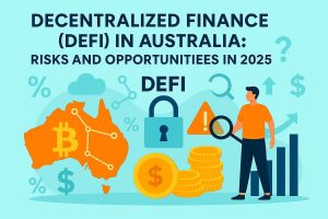 Illustration about decentralized finance (DeFi) in Australia, showing a stylized map of Australia with a Bitcoin symbol and network nodes, stacks of gold coins, a locked padlock symbolizing security, warning icons, financial percentage signs, and a person analyzing data with a magnifying glass. The scene represents risks, opportunities, and investments in the DeFi landscape for 2025.