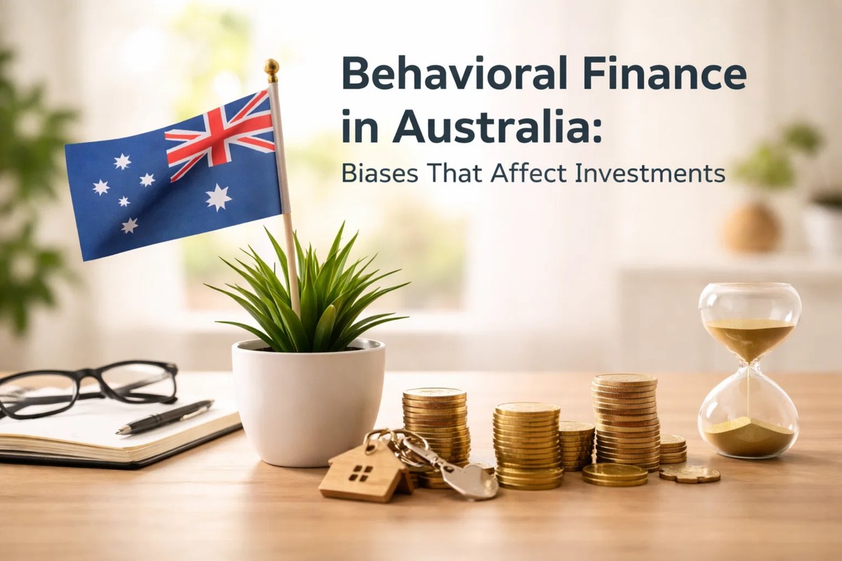 A clean financial scene featuring the Australian flag placed in a potted plant on a desk, stacks of gold coins, a small house key, an hourglass, a notebook with glasses, and soft natural light in the background, symbolizing behavioral finance in Australia, the influence of psychological biases on financial decisions, long-term planning, and how emotions shape investments over time.