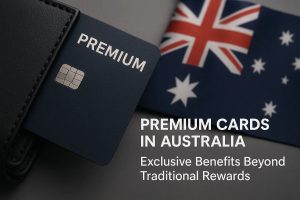 A close-up view of a premium credit card partially tucked into a black leather wallet, placed beside the Australian flag. The image highlights the metallic chip and minimalist card design, representing premium financial services and exclusive benefits in Australia.