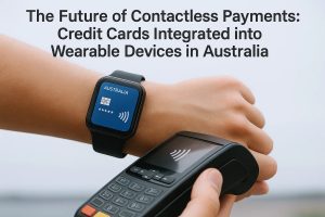 A person wearing a smartwatch displaying a digital credit card interface labeled Australia, making a contactless payment on a POS terminal. The image illustrates the future of contactless payments, showing a credit card integrated into a wearable device, highlighting innovation in financial technology and digital payments in Australia.