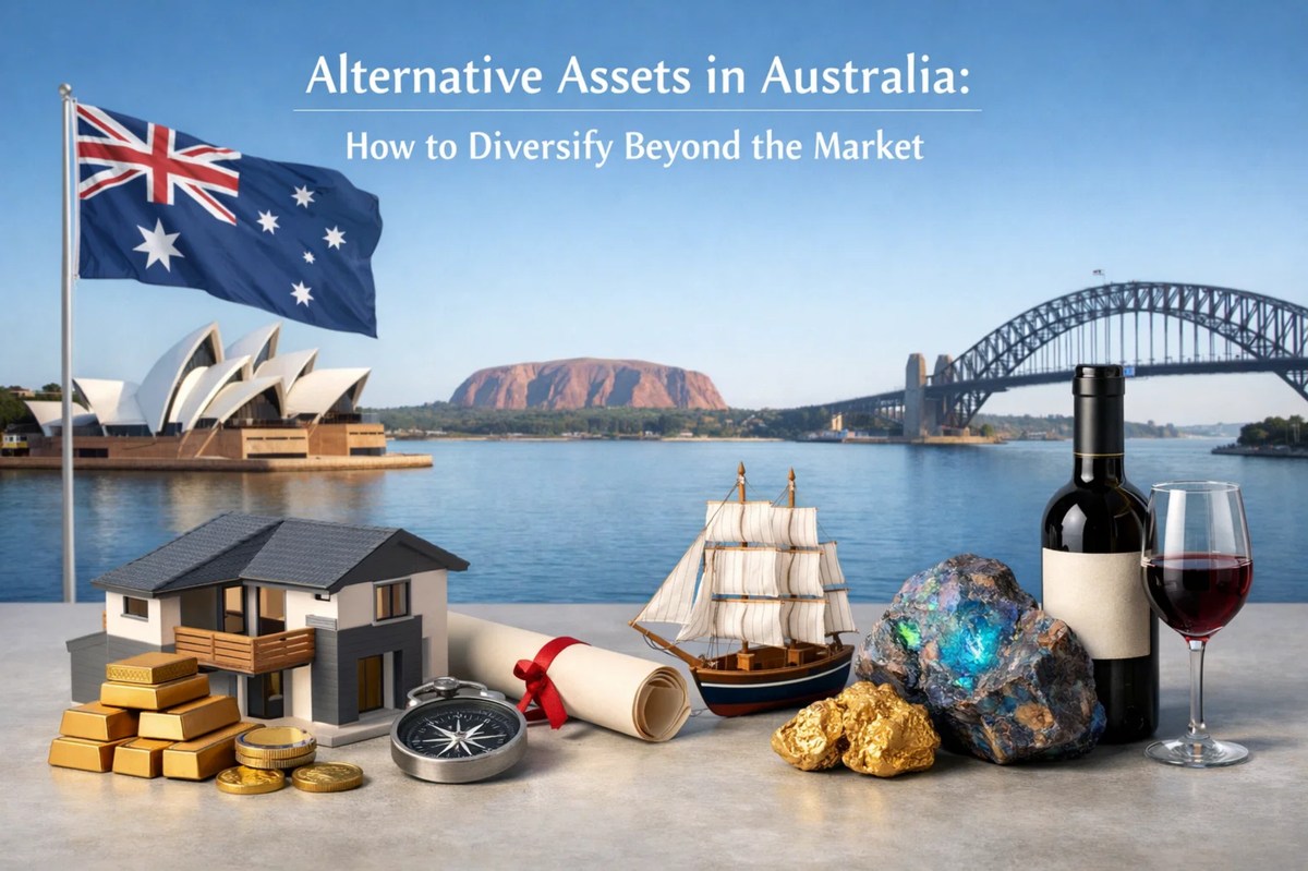 Illustration representing alternative investments in Australia, featuring the Sydney Opera House and Harbour Bridge in the background, alongside symbols of investments such as real estate property models, gold bars, precious minerals, a sailing ship, a compass, wine bottles, and collectible assets, highlighting portfolio diversification beyond traditional markets.
