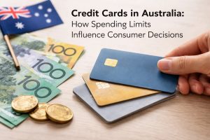 Image illustrating credit card usage in Australia, showing a hand holding multiple credit cards next to Australian banknotes and coins, with the Australian flag in the background. The composition highlights how credit card spending limits influence consumer behavior and financial decisions, emphasizing the role of credit card products in everyday purchases and personal finance management.