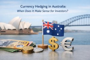 Image illustrating currency hedging in Australia, featuring Australian banknotes and coins, a small Australian flag, and currency symbols for the dollar and euro, with the Sydney Opera House and Harbour Bridge in the background. The scene represents how exchange rate movements influence investments, highlighting when currency hedging strategies make sense for investors exposed to international markets.