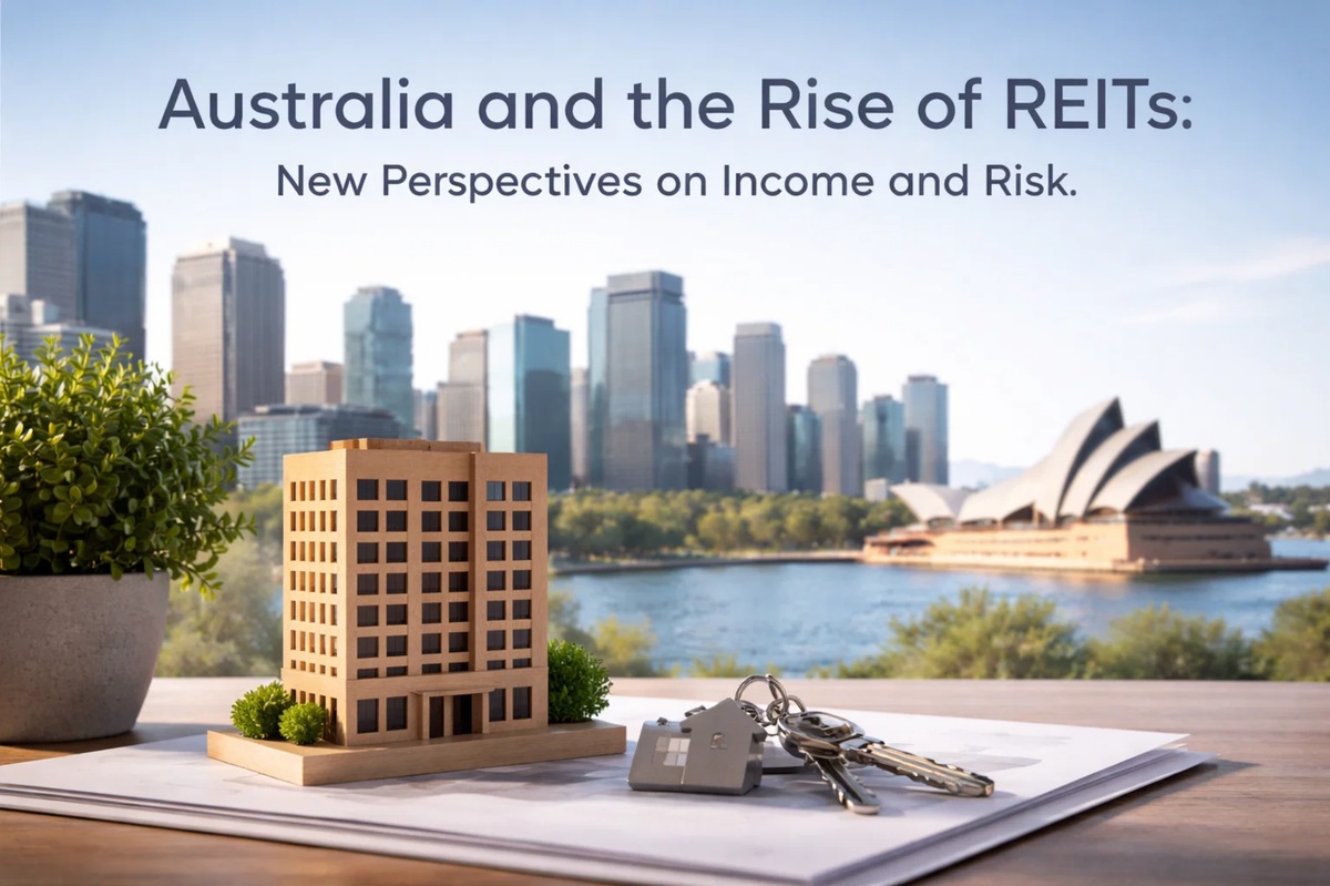 A high-resolution image illustrating real estate investments in Australia, featuring a detailed wooden miniature apartment building placed on top of official documents, with a set of house-shaped keys beside it. In the background, the Sydney skyline rises with modern skyscrapers and the iconic Sydney Opera House overlooking the harbor. The composition blends urban architecture, property ownership, and financial paperwork, visually representing investments in Australian REITs and real estate income opportunities.