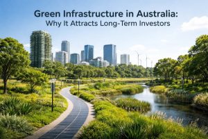 Green urban infrastructure in Australia featuring a solar-powered pedestrian pathway winding through a landscaped park with native vegetation, a river, and modern city skyscrapers in the background, alongside wind turbines symbolizing sustainable development and long-term investments in clean energy and resilient cities.