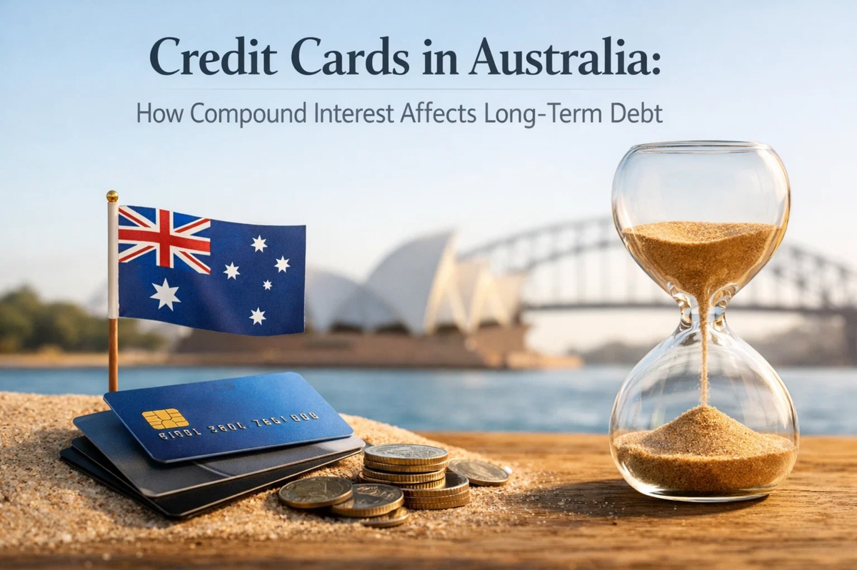 Credit card and stacked coins placed on a sandy surface beside an Australian flag, with Sydney Opera House and Harbour Bridge in the background, alongside an hourglass symbolizing time and compound interest, illustrating long-term credit card debt and financial planning in Australia.