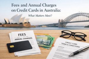 Credit card fees and annual charges concept image showing a modern black credit card placed on top of financial documents labeled fees and annual charges, alongside Australian banknotes on a wooden desk, with credit card terms and conditions papers, a pen, and eyeglasses in the foreground, and the Sydney Opera House and Harbour Bridge softly blurred in the background, illustrating credit card costs in Australia.