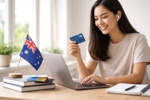 A university-aged student sitting at a desk uses a laptop while holding a blue credit card, with study books, a notebook, and a small Australian flag beside her. The scene suggests a student managing online payments or finances while studying in Australia, highlighting the topic of student credit card options, financial independence, and the challenges and opportunities students face when using a credit card for education expenses, everyday spending, and budgeting.