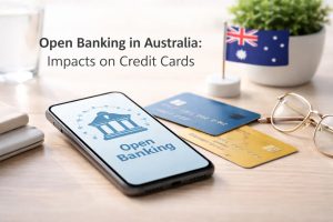 A smartphone displaying an “Open Banking” interface lies on a wooden desk beside two credit cards, glasses, and a small Australian flag, with a plant in the background. The image includes the text “Open Banking in Australia: Impacts on Credit Cards” and illustrates how open banking technology may influence the way consumers manage payments and financial data using a credit card in Australia.