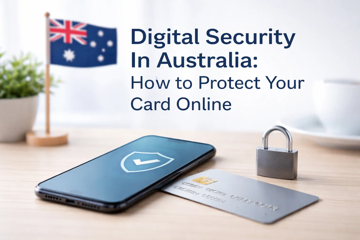 A smartphone displaying a digital security shield icon sits on a desk beside a silver credit card and a small padlock, symbolising online payment protection. In the background, an Australian flag and a plant are visible, while the headline “Digital Security in Australia: How to Protect Your Card Online” appears in the image. The scene illustrates cybersecurity awareness and safe online transactions when using a credit card in Australia.