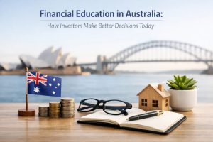 Financial education and investments concept in Australia, featuring the Sydney Opera House and Harbour Bridge in the background, with an Australian flag, stacks of coins, eyeglasses, an open notebook with pen, a small wooden house model, and a potted plant on a desk, symbolizing financial planning, real estate investments, and wealth growth strategies.