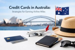 A travel-themed scene featuring two credit cards placed on a table beside a wallet with Australian dollar banknotes, a model aeroplane, sunglasses, and a straw hat, with the Sydney Opera House and Harbour Bridge visible in the background alongside an Australian flag. The image includes the text “Credit Cards in Australia: Strategies for Earning Airline Miles” and represents travel rewards, airline miles, and international spending with a credit card in Australia.
