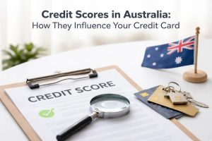 A clipboard displaying a document labelled “Credit Score” sits on a desk with a magnifying glass placed over the page, symbolising financial evaluation and credit monitoring. Nearby are two bank cards and a set of keys with a house-shaped keychain, while a small Australian flag stands in the background. The image headline reads “Credit Scores in Australia: How They Influence Your Credit Card” and represents how lenders assess creditworthiness when approving a credit card in Australia.